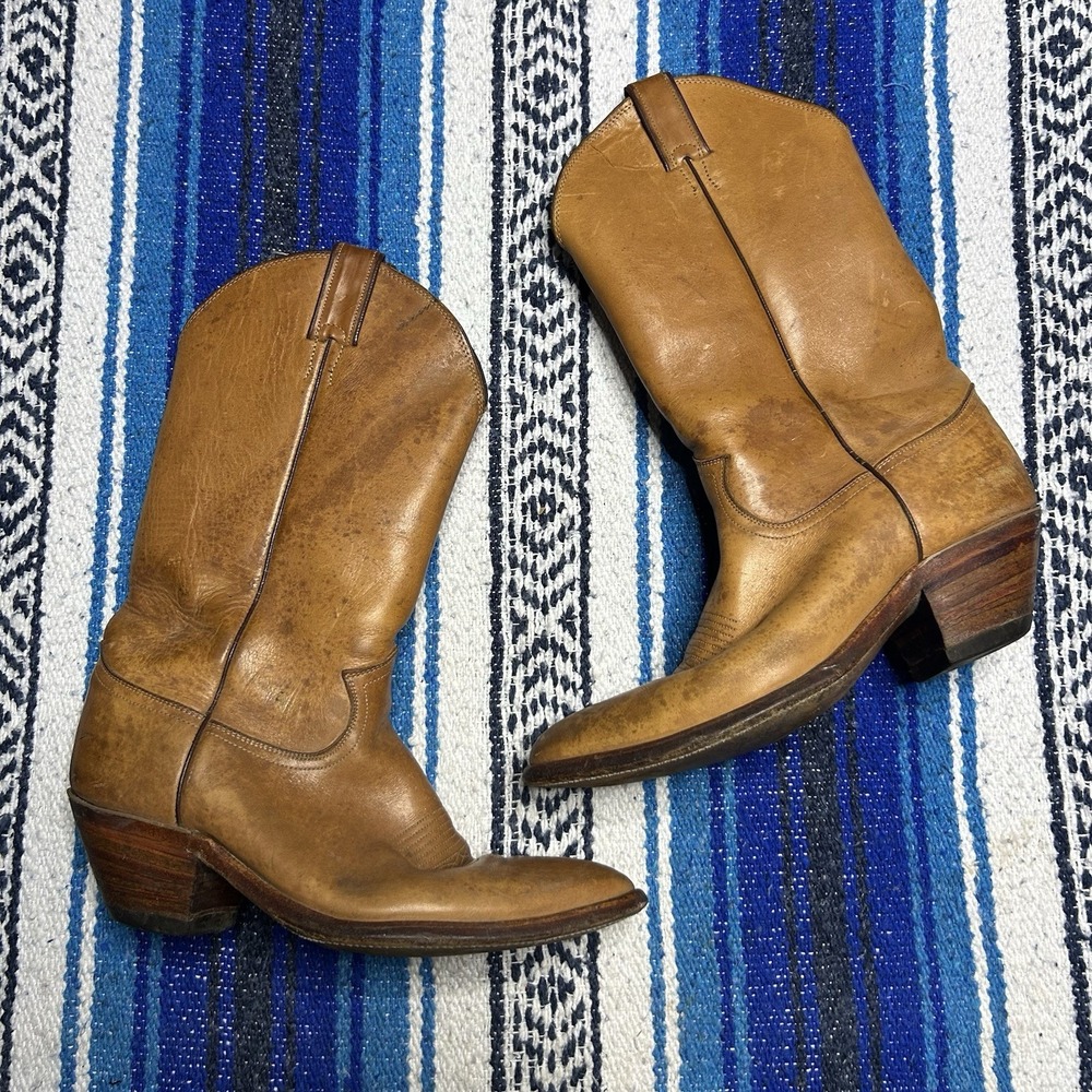 VTG Justin Mulehide Camel Tan Leather Cowboy Western Boots 1106 USA US Size 10.5